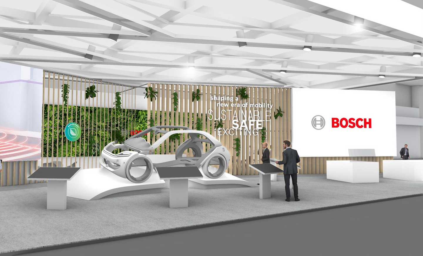 BOSCH Messestand zur IAA - Nahaufnahme des zentralen Teils. Vor einer Lamellenwand steht auf einem Podest ein futoristisches Auto. Die Rückwand trägt das Bosch Firmenlogo